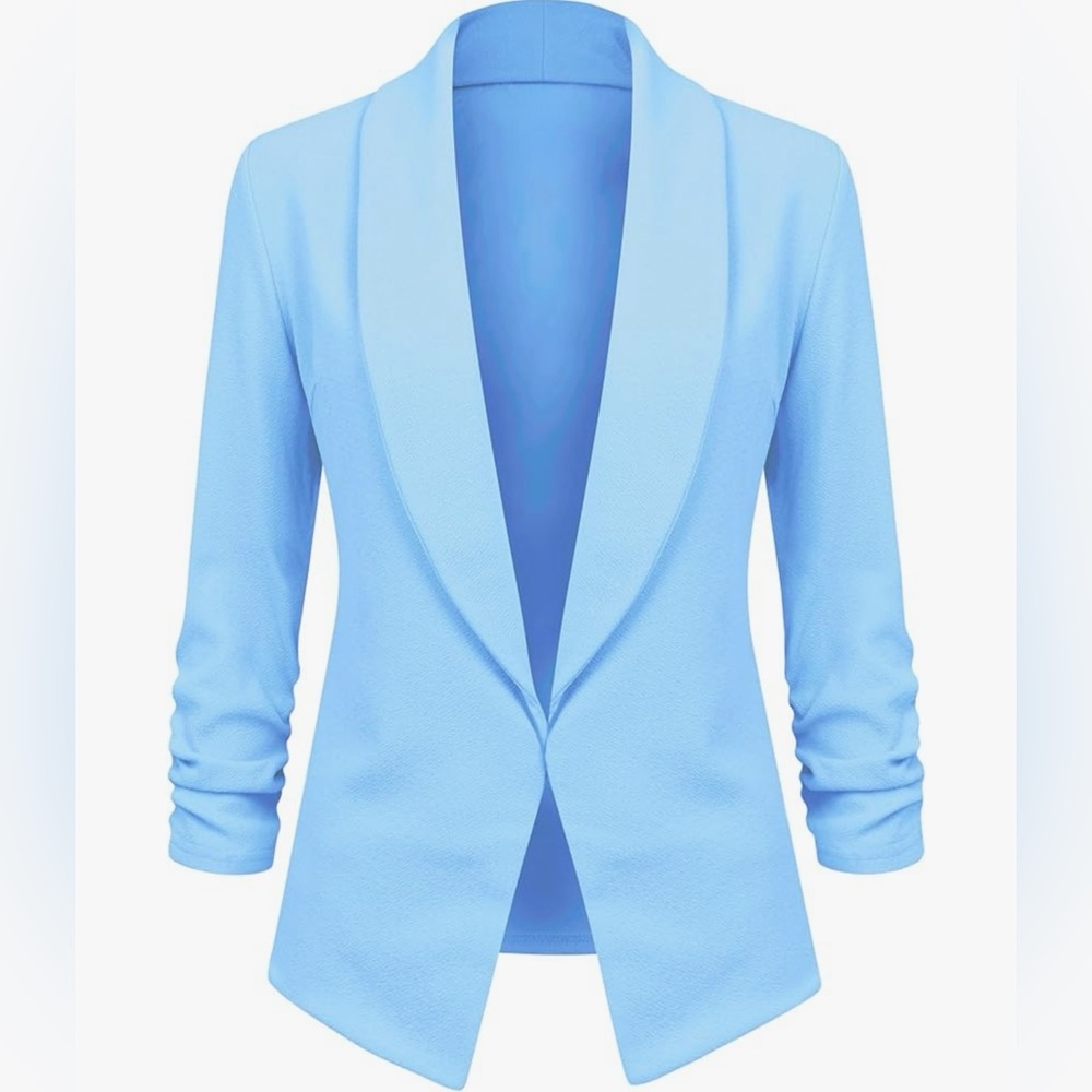 3/4 Sleeve Blazer Open Front Cardigan Jacket Work Office Blazer -light blue